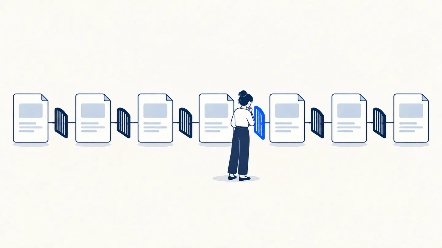일곱 장의 문서 카드 사이마다 작은 문이 있고, 사람이 그 문 앞에서 카드를 확인한 뒤에야 다음 단계로 넘기는 그림