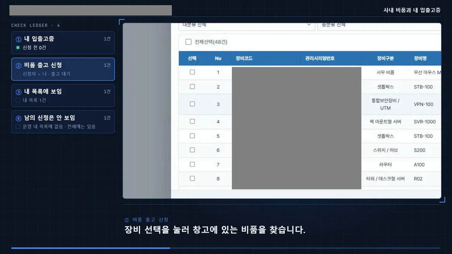 구매·자산 시스템 · 직원이 비품 출고를 신청하며 장비를 고르는 화면(장비 번호는 회색으로 가림)